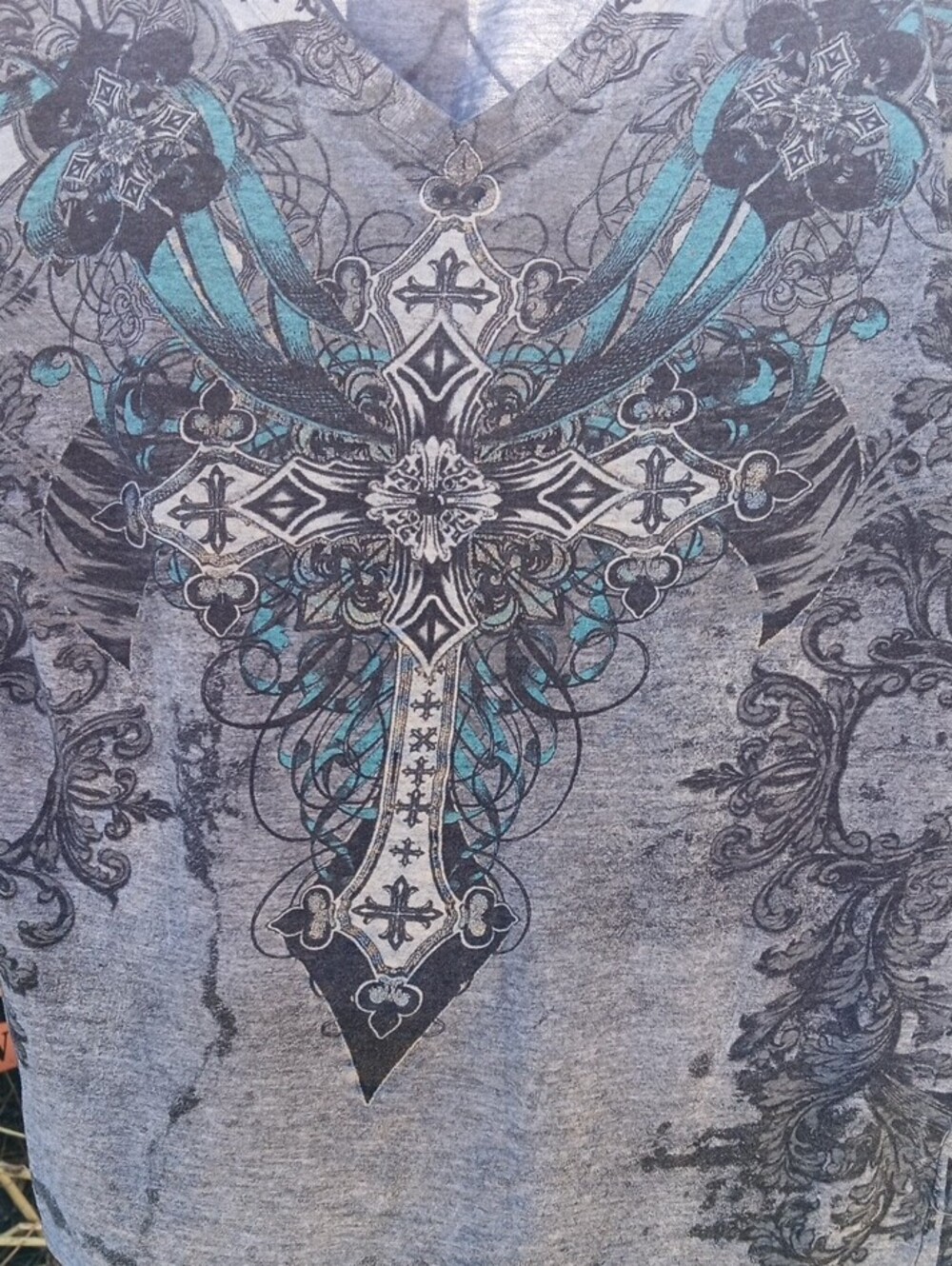 Angels Heather Gray V-Neck Tee with Teal and Black Cross Graphic - Picture 3 of 4